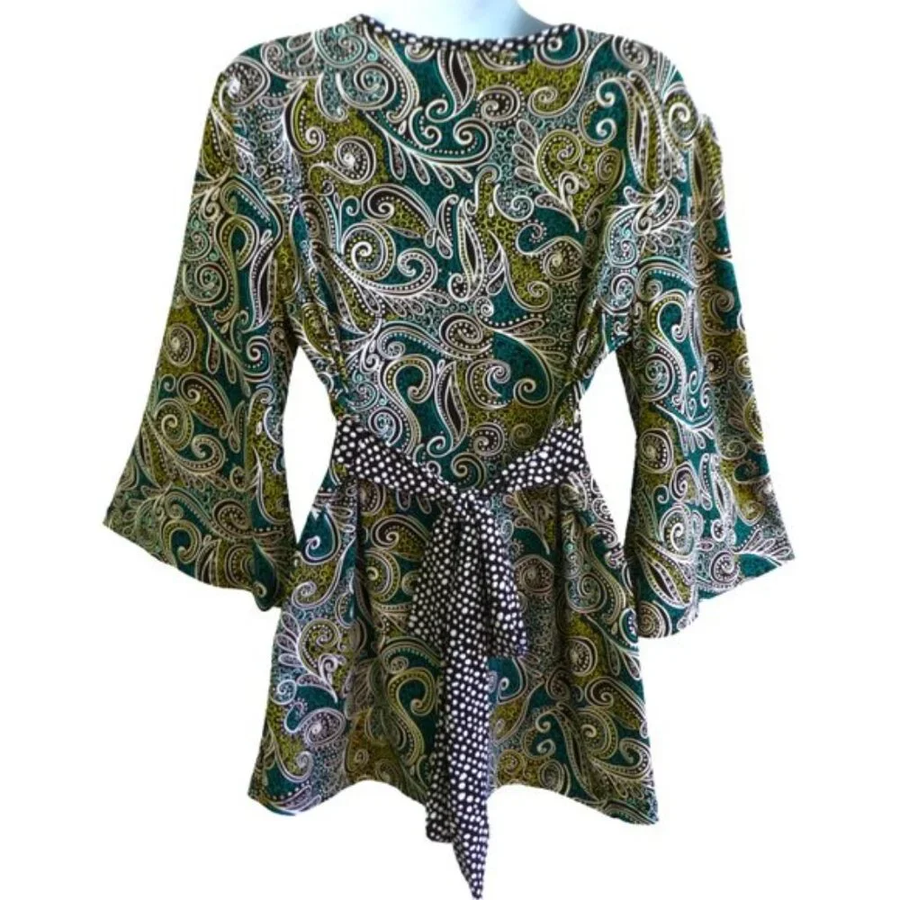 Vintage USA Carole Little Blouse Mixed Contrast Paisley Polka Dot Tie Back L